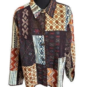 Chico's 3 Patchwork Button Up Shirt/Jacket Boho Tribal Print Artsy Festival XL